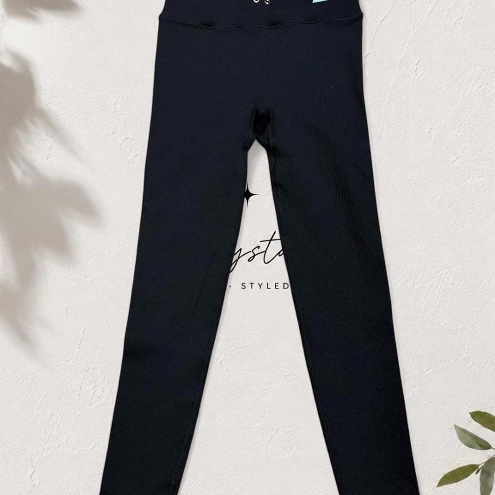 Echt Arise Style Black Ribbed Activewear Leggings Women Large Blue Logo